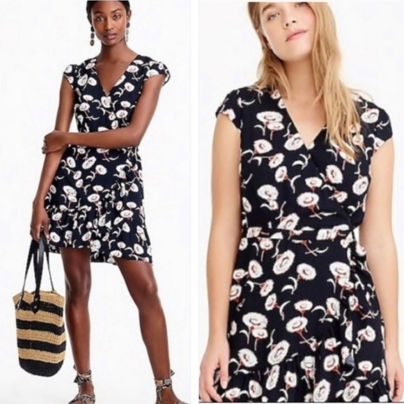 J. Crew Navy Floral Faux Wrap Mini Dress - Picture 1 of 16